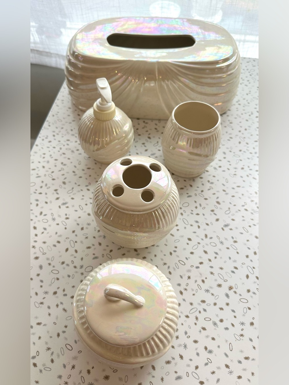 Iridescent Ceramic Bath Accessory Set - 5 Piece Art Deco Revival